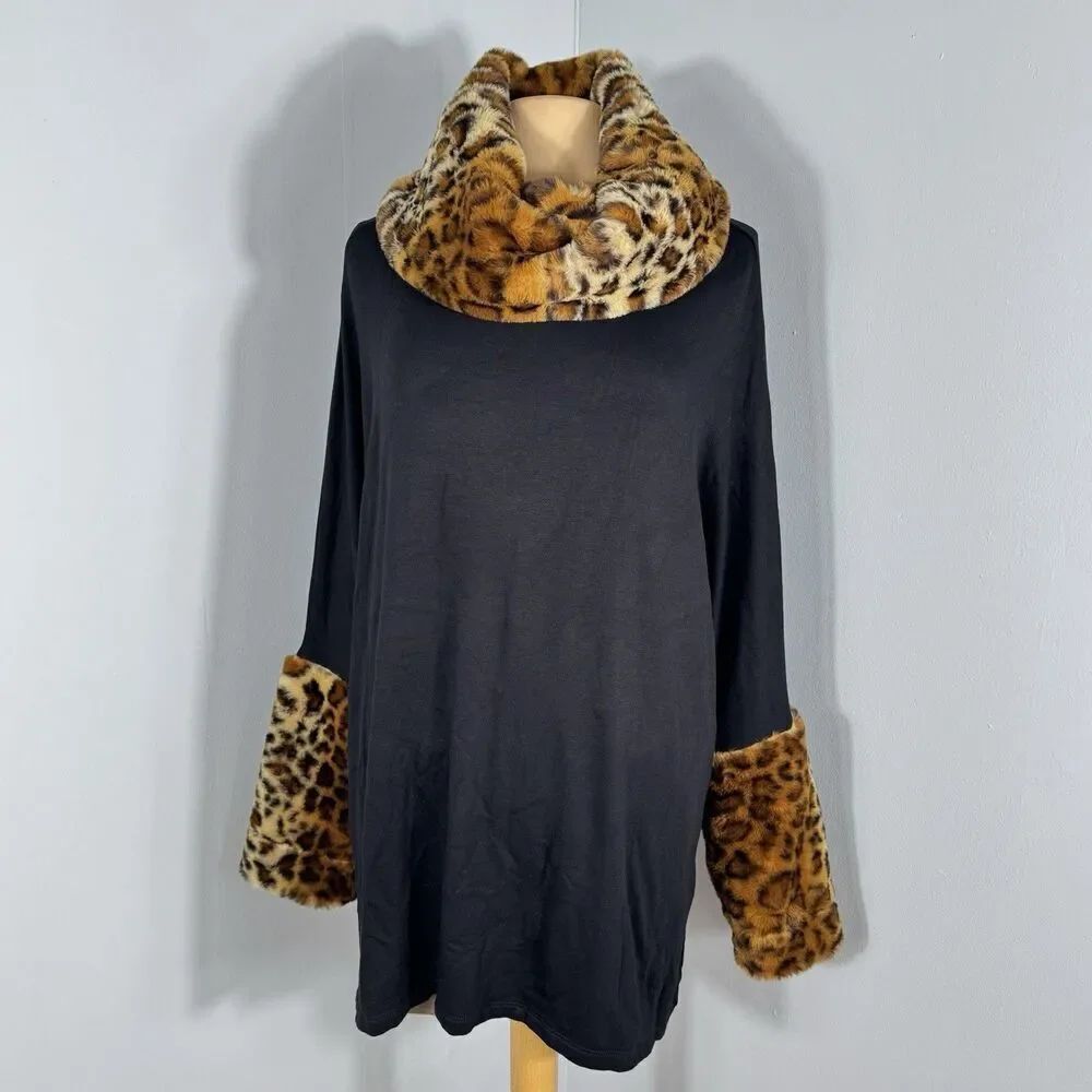 Philosophy Sz XL Oversized Black Faux Fur Leopard Cheetah Print Tunic Top